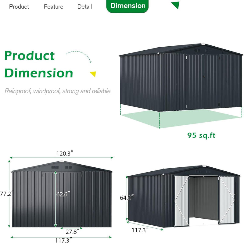 YODOLLA 10' x 14' Outdoor Storage Shed with Lockable Door Patio Metal Garden Storage Building in Dark Gray for Outside
