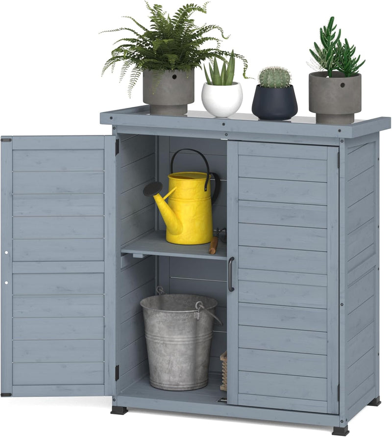 YODOLLA Wooden Free-Standing Floor Cabinet，Practical Storage Cabine with Metal Tabletop and 2 Doors for Kitchen, Entryway, Living Room, Gray