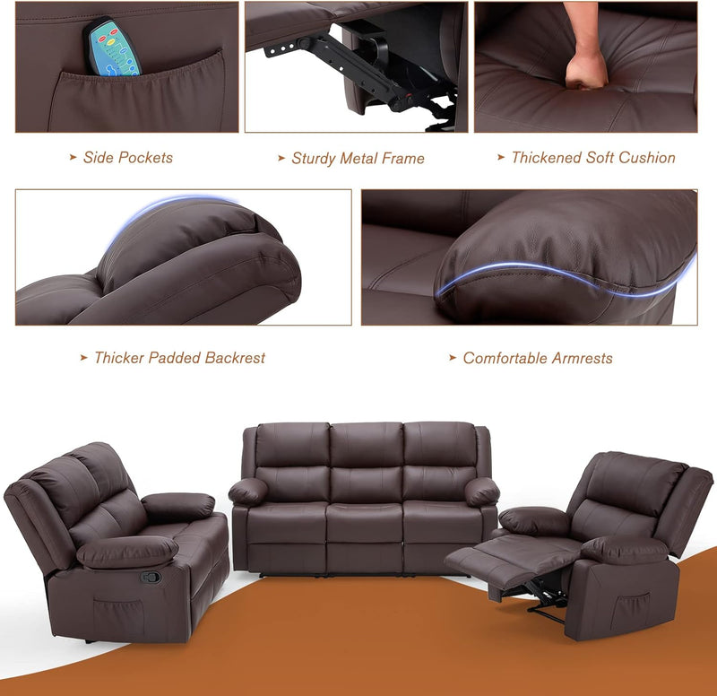 AECOJOY 3 Pieces Recliner Sofa Set with Massage Heated Function, Home Theater Seating Leather Couch Set with Side Pockets, Brown