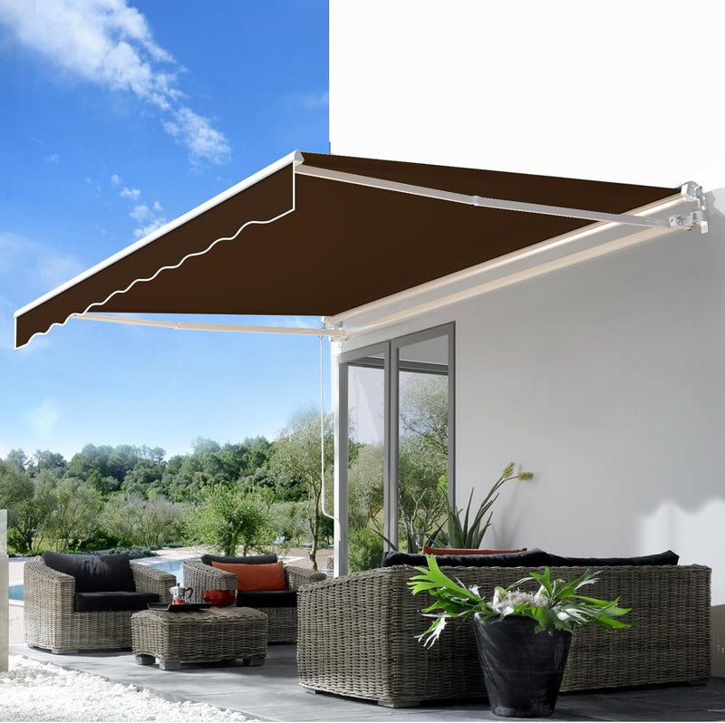 YODOLLA 10'×8' Manual Retractable Awning Sun Shade Patio Awning Cover Outdoor Patio Canopy Sunsetter Deck Awnings with Manual Crank Handle, Brown