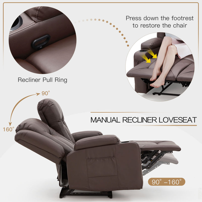 AECOJOY Manual Reclining Loveseat with Cup Holders&Side Pockets, PU Leather Double Recliner Loveseat Home Theater Seating-Brown