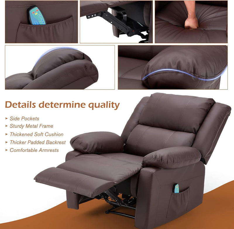 AECOJOY Leather Recliner Chair with Massage Heated Function, Home Theater Seating Sofa Brown