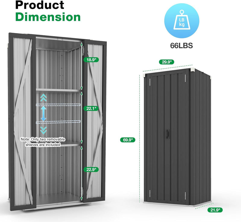 AECOJOY Outdoor Storage Cabinet for Garden, Garage & Patio, a Metal Organizer with Doors and Shelves in Gray