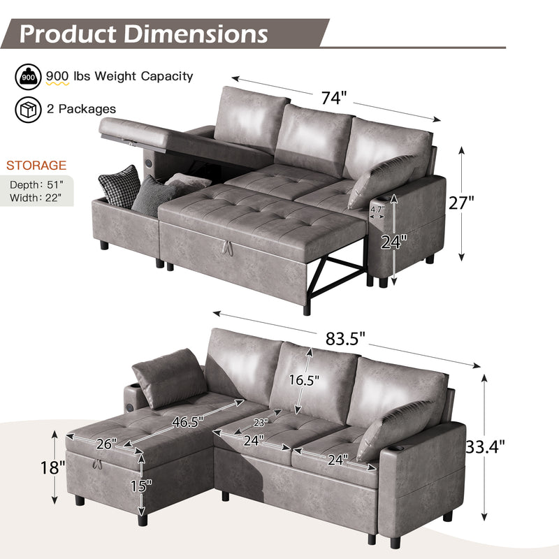 YODOLLA Sofa Bed, 3 in 1 Sleeper Sofa with Storage Chair, Faux Leather L Shape Couch, Sectional Pull Out Sofa Bed Mid Century Modern Couch for Living Room Clearance, Comfy Sleeper Couch in Grey