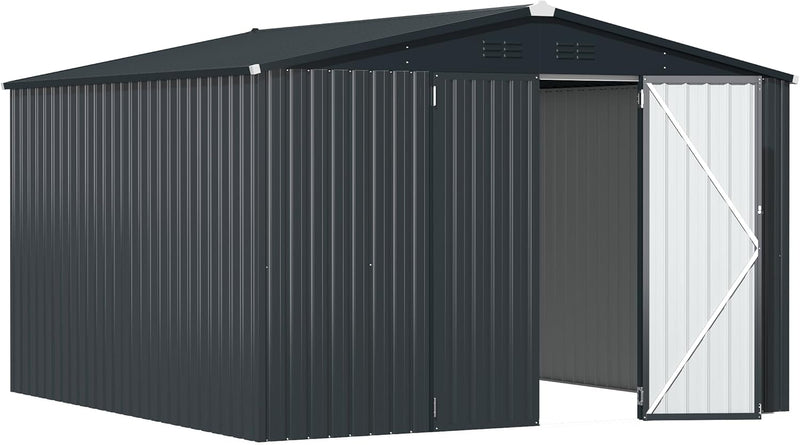 AECOJOY 12' x 12' Outdoor Storage Shed with Lockable Door Patio Metal Garden Storage Building in Dark Gray for Outside
