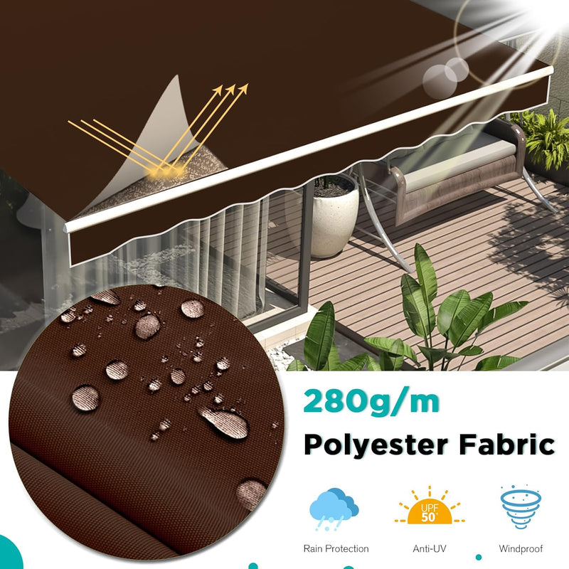 YODOLLA 10'×8' Manual Retractable Awning Sun Shade Patio Awning Cover Outdoor Patio Canopy Sunsetter Deck Awnings with Manual Crank Handle, Brown