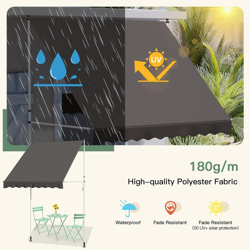 AECOJOY Manual Retractable Awning, 78" Non-Screw Outdoor Patio Awning, Adjustable Pergola Sun Shade Cover with UV Protection, Ideal Outdoor Canopy for Window or Door, Dark Grey