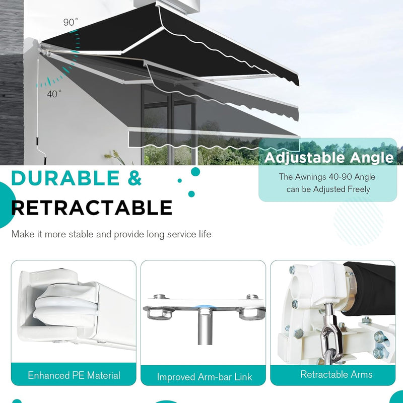 YODOLLA 10'×8' Manual Retractable Awning Sun Shade Patio Awning Cover Outdoor Patio Canopy Sunsetter Deck Awnings with Manual Crank Handle, Black
