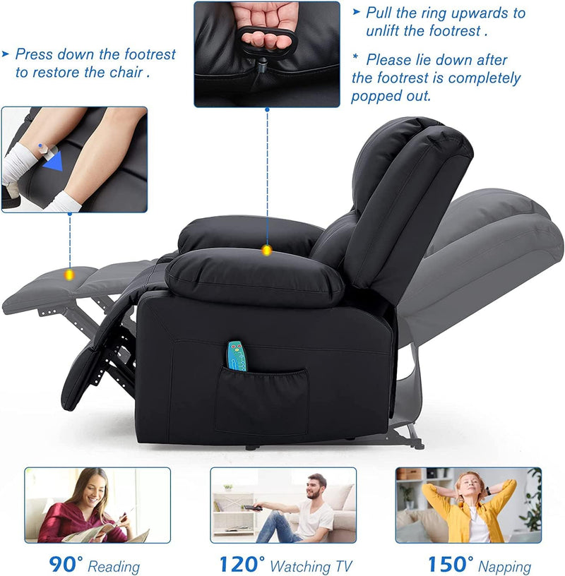 AECOJOY Leather Recliner Chair with Massage Heated Function, Home Theater Seating Sofa Black