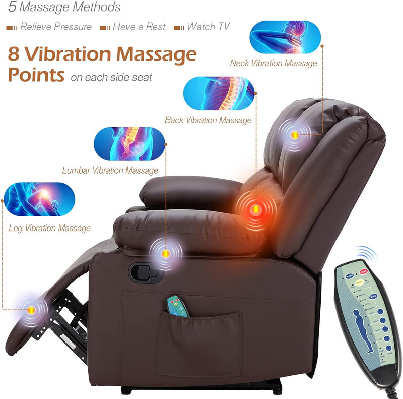AECOJOY 3 Pieces Recliner Sofa Set with Massage Heated Function, Home Theater Seating Leather Couch Set with Side Pockets, Brown