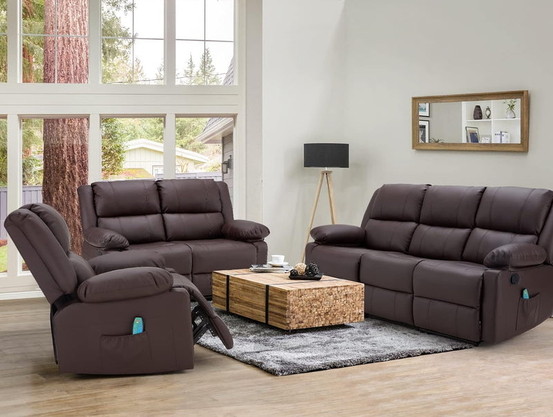 AECOJOY 3 Pieces Recliner Sofa Set with Massage Heated Function, Home Theater Seating Leather Couch Set with Side Pockets, Brown