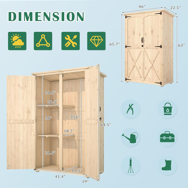 YODOLLA Large Outdoor Wooden Storage Shed with Waterproof Roof, Featuring a Tool Shed with 2 Removable Shelves and Double Lockable Doors in Natural Wood