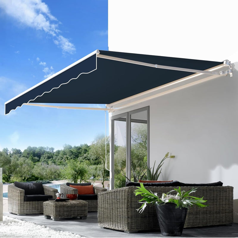 YODOLLA 10'×8' Manual Retractable Awning Sun Shade Patio Awning Cover Outdoor Patio Canopy Sunsetter Deck Awnings with Manual Crank Handle, Dark Blue