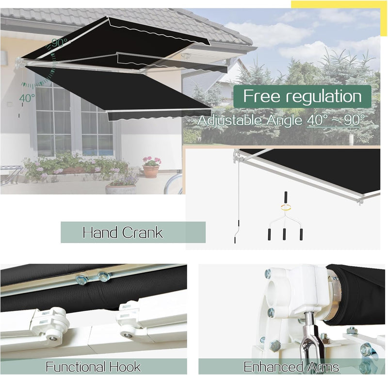 YODOLLA 13'×9.8' Manual Retractable Awning Sun Shade Patio Awning Cover Outdoor Patio Canopy Sunsetter Deck Awnings with Manual Crank Handle, Black