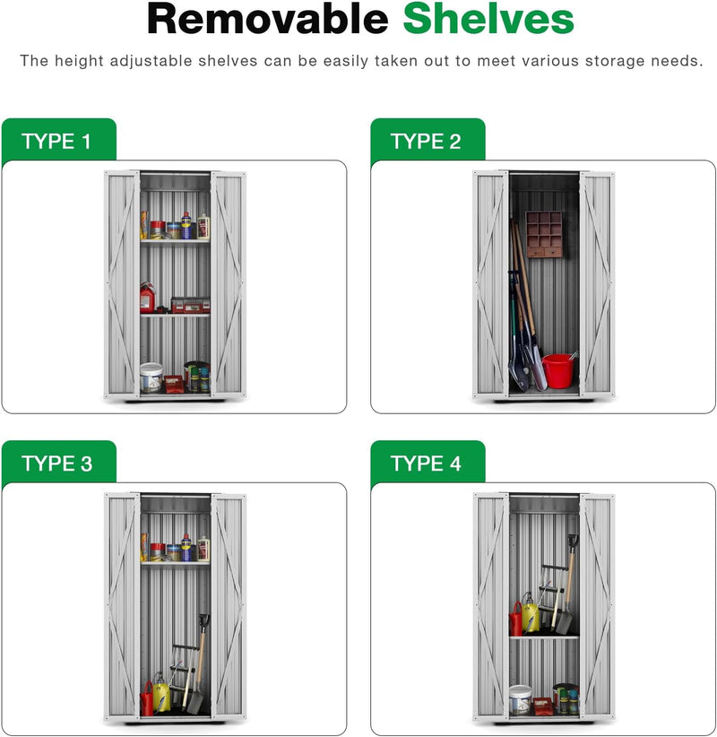 AECOJOY Outdoor Storage Cabinet Metal Organizer for Outside, Garden& Garage Patio Storage Building with Doors and Shelves in White