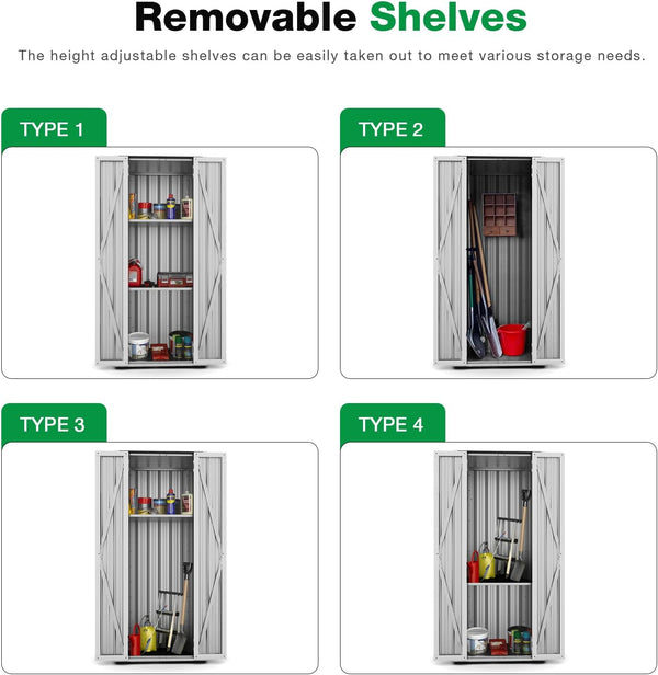 AECOJOY Outdoor Storage Cabinet Metal Organizer for Outside, Garden& Garage Patio Storage Building with Doors and Shelves in White
