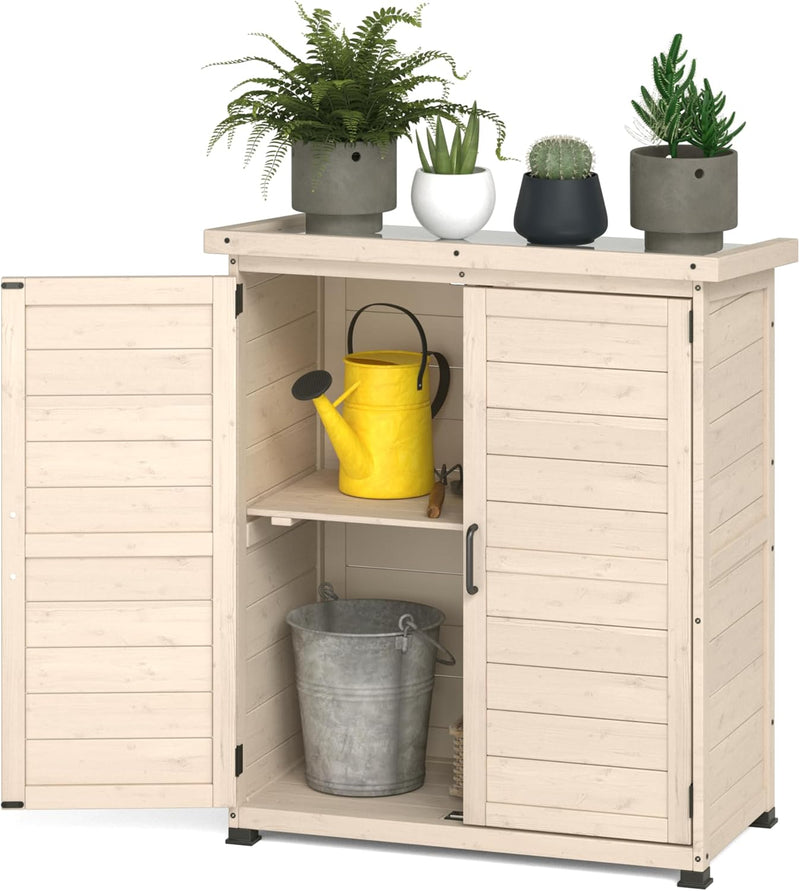 YODOLLA Wooden Free-Standing Floor Cabinet，Practical Storage Cabine with Metal Tabletop and 2 Doors for Kitchen, Entryway, Living Room, Beige