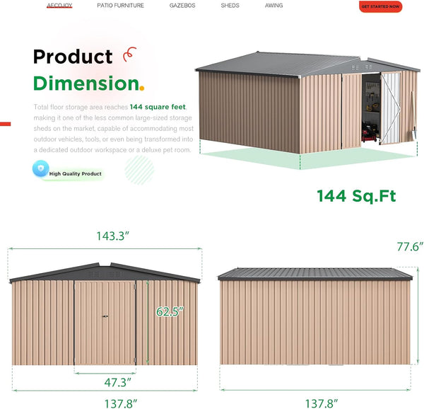 AECOJOY 12' x 12' Outdoor Metal Storage Shed with Lockable Door for Backyard & Patio in Gray