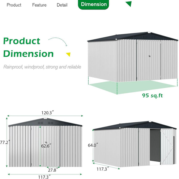 YODOLLA 14' x 12' Outdoor Storage Shed with Lockable Door Patio Metal Garden Storage Building in White for Outside