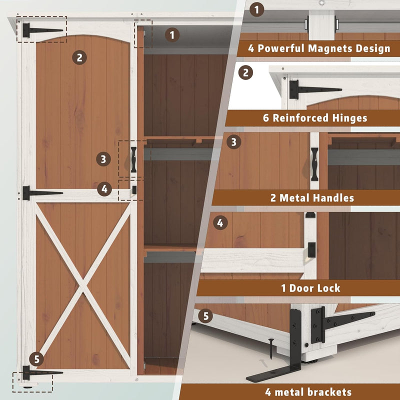 YODOLLA Outdoor Wooden Storage Shed with Waterproof Roof, Patio Storage Cabinet with 2 Removable Shelves and Double Lockable Doors in Brown