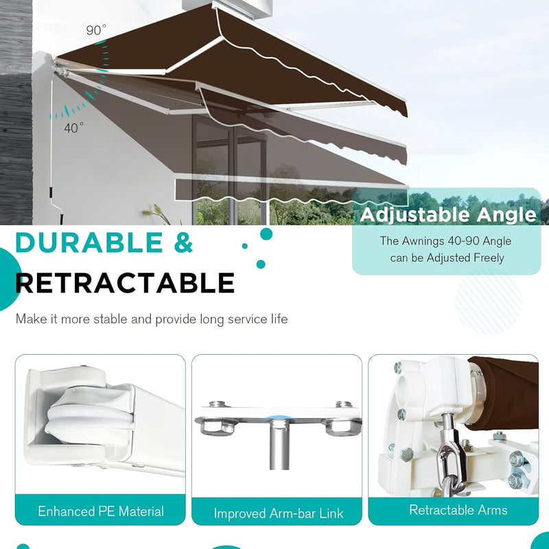 YODOLLA 10'×8' Manual Retractable Awning Sun Shade Patio Awning Cover Outdoor Patio Canopy Sunsetter Deck Awnings with Manual Crank Handle, Brown