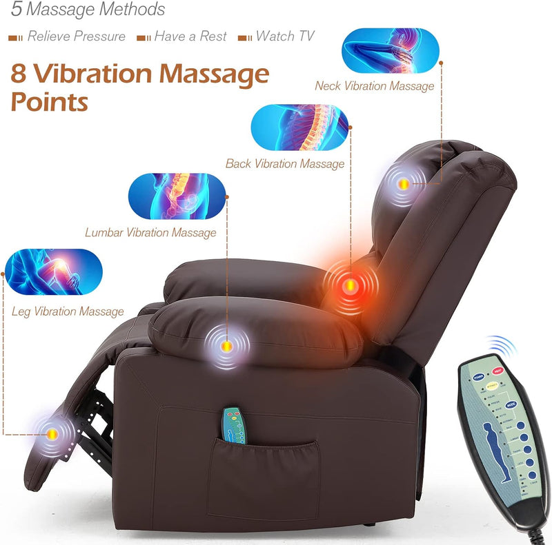 AECOJOY Leather Recliner Chair with Massage Heated Function, Home Theater Seating Sofa Brown