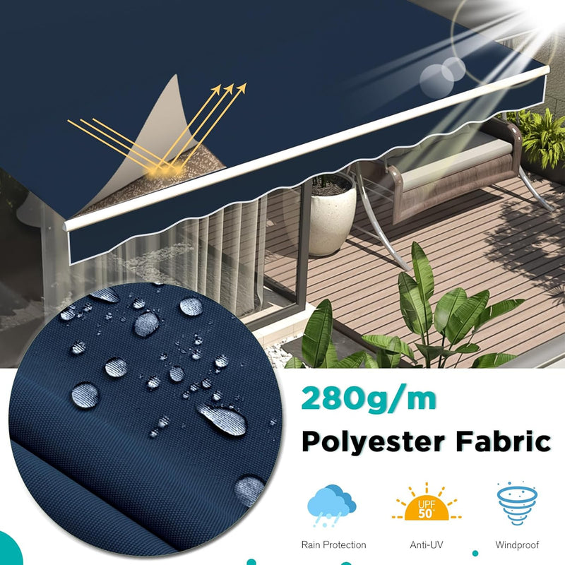 YODOLLA 10'×8' Manual Retractable Awning Sun Shade Patio Awning Cover Outdoor Patio Canopy Sunsetter Deck Awnings with Manual Crank Handle, Dark Blue