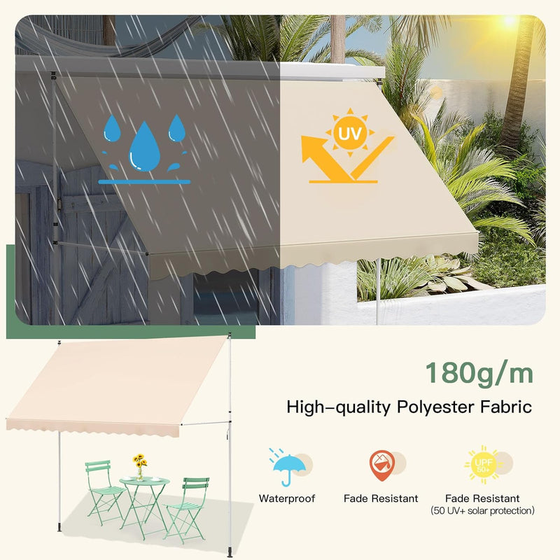 AECOJOY Manual Retractable Awning, 118" Non-Screw Outdoor Patio Awning, Adjustable Pergola Sun Shade Cover with UV Protection, Ideal Outdoor Canopy for Window or Door, Beige