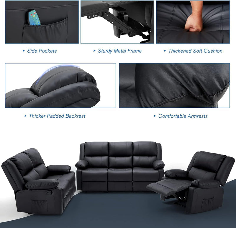 AECOJOY 3 Pieces Recliner Sofa Set with Massage Heated Function, Home Theater Seating Leather Couch Set with Side Pockets, Black