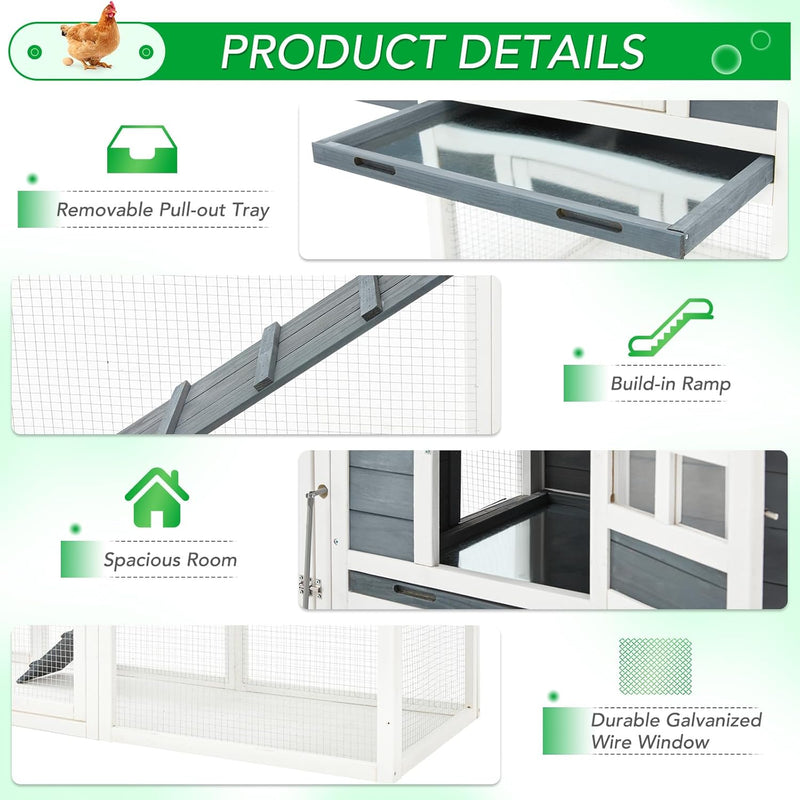 AECOJOY 123" Large Wooden Chicken Coop Clearance with Nesting Boxes for 6-8 Chickens in Gray