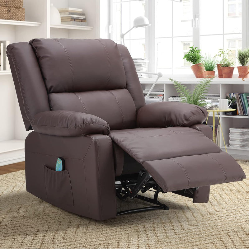 AECOJOY Leather Recliner Chair with Massage Heated Function, Home Theater Seating Sofa Brown