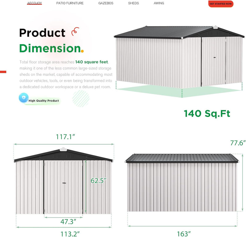 YODOLLA 10' x 14' Outdoor Storage Shed with Lockable Door Patio Metal Garden Storage Building in White for Outside
