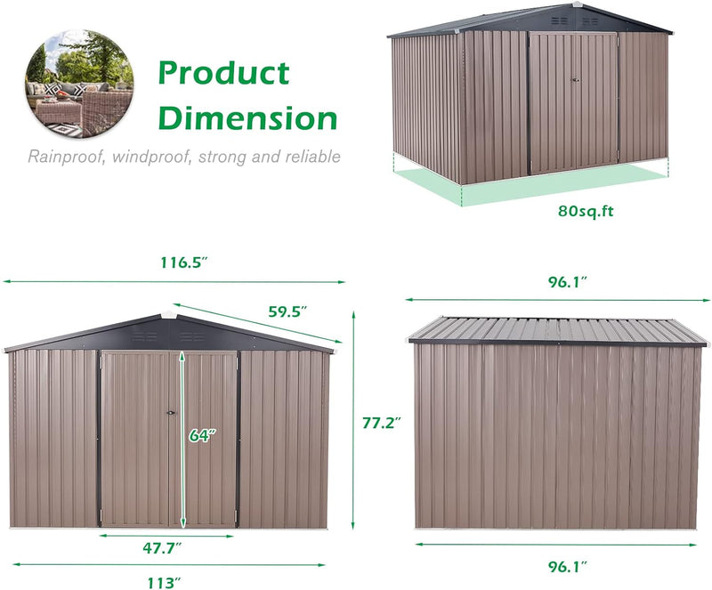 AECOJOY 10' x 8' Outdoor Storage Shed with Lockable Door Patio Metal Garden Storage Building in Brown for Outside