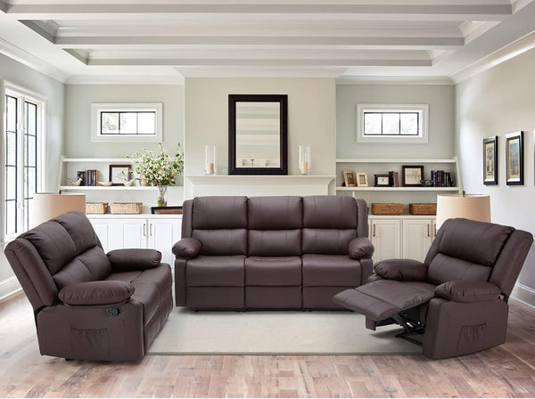 AECOJOY 3 Pieces Recliner Sofa Set with Massage Heated Function, Home Theater Seating Leather Couch Set with Side Pockets, Brown