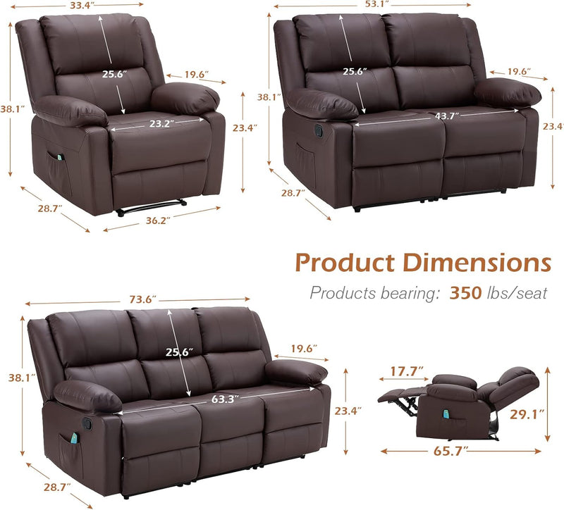 AECOJOY 3 Pieces Recliner Sofa Set with Massage Heated Function, Home Theater Seating Leather Couch Set with Side Pockets, Brown