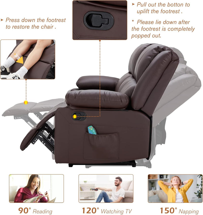 AECOJOY 3 Pieces Recliner Sofa Set with Massage Heated Function, Home Theater Seating Leather Couch Set with Side Pockets, Brown