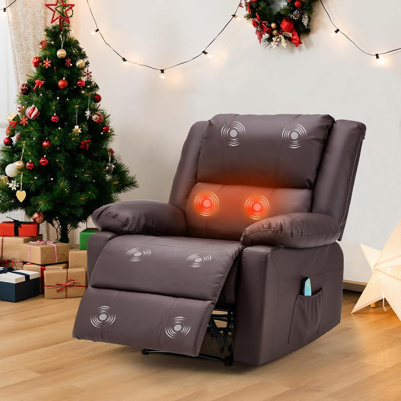 AECOJOY Leather Recliner Chair with Massage Heated Function, Home Theater Seating Sofa Brown