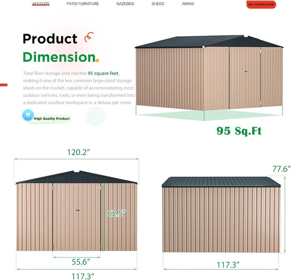 AECOJOY 10' x 10' Outdoor Storage Shed with Lockable Door Patio Metal Garden Storage Building in Brown for Outside