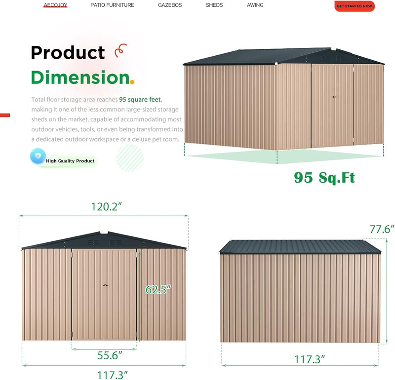 AECOJOY 10' x 10' Outdoor Storage Shed with Lockable Door Patio Metal Garden Storage Building in Brown for Outside