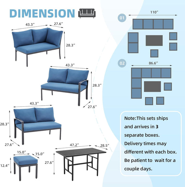 AECOJOY 7 Pieces Metal Patio Furniture Sets on sale Patio Conversation Set Outdoor Sectional Sofa Metal Dining Furniture in Blue