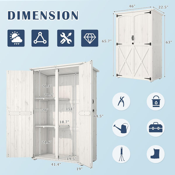 YODOLLA Outdoor Wooden Storage Shed w/ Waterproof Roof, Patio Storage Cabinet Tool Shed with 2 Removable Shelves and Double Lockable Doors in White