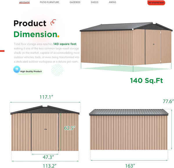 AECOJOY 10' x 14' Outdoor Storage Shed with Lockable Door Patio Metal Garden Storage Building in Brown for Outside