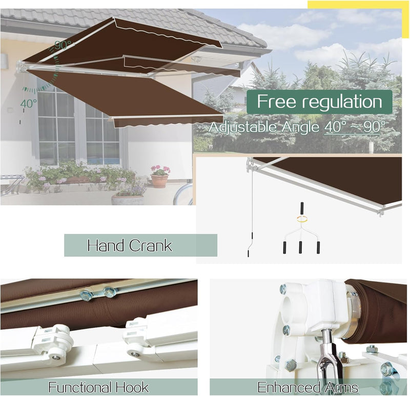 YODOLLA 13'×9.8' Manual Retractable Awning Sun Shade Patio Awning Cover Outdoor Patio Canopy Sunsetter Deck Awnings with Manual Crank Handle, Brown