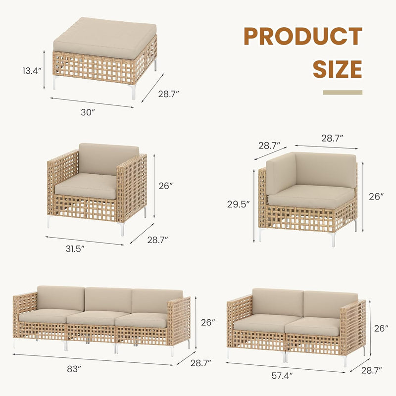 YODOLLA 8-Piece Patio Furniture Set, Boho Style Rattan Wicker Sectional Sofa Couch Outdoor Conversation Set with Table In Beige