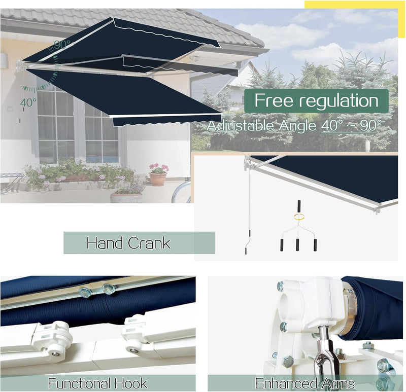 YODOLLA 13'×9.8' Manual Retractable Awning Sun Shade Patio Awning Cover Outdoor Patio Canopy Sunsetter Deck Awnings with Manual Crank Handle, Dark Blue