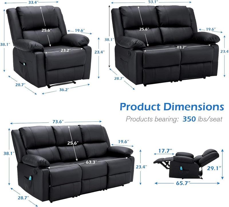 AECOJOY 3 Pieces Recliner Sofa Set with Massage Heated Function, Home Theater Seating Leather Couch Set with Side Pockets, Black