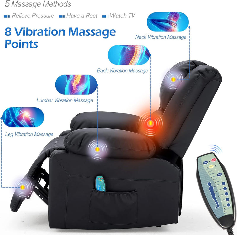 AECOJOY Leather Recliner Chair with Massage Heated Function, Home Theater Seating Sofa Black