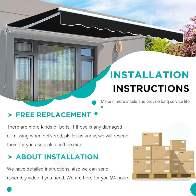 AECOJOY 8' x 10' Manual Retractable Patio Awning,Outdoor Awning Retractable Sunshade Shelter in Black