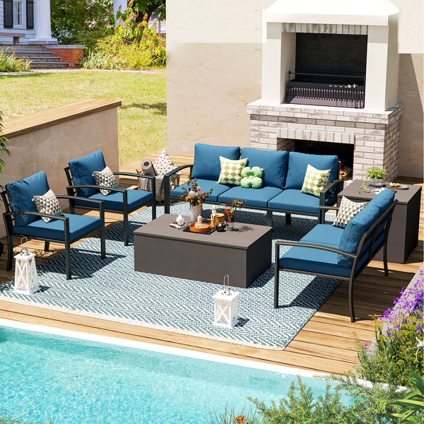 AECOJOY Metal Patio Furniture Set with Cover Outdoor Furniture sets With Storage Boxes on Sale with Blue Cushion for Balcony Porch, Lawn and More