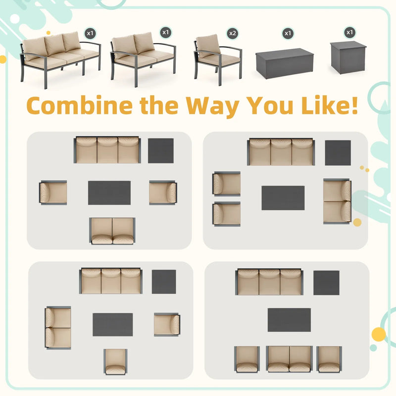 AECOJOY Metal Patio Furniture Set with Cover Outdoor Furniture sets With Storage Boxes on Sale with Grey Cushion for Balcony Porch, Lawn and More